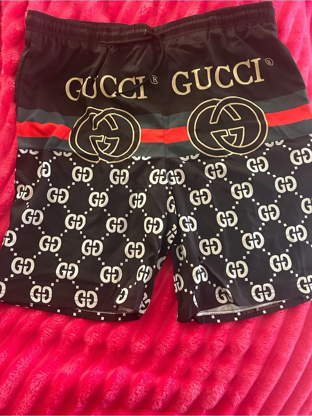Men’s GG Black Logo Swim Shorts with Red & Green Stripe